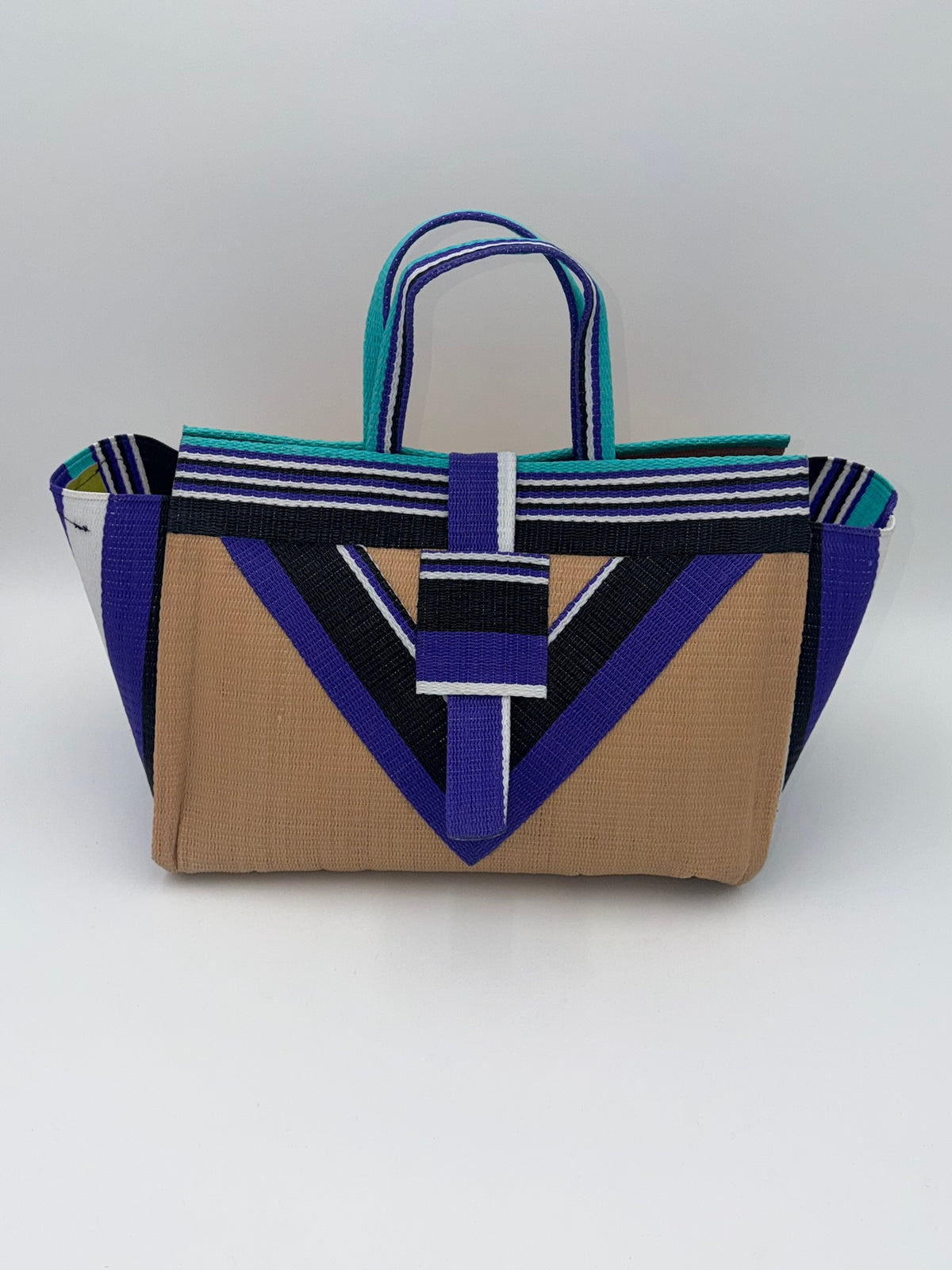 Beige Large handwoven tote bag by SCRUBIES in Beige,Purple,Black,White,Teal with Solid design and Vee accent pattern