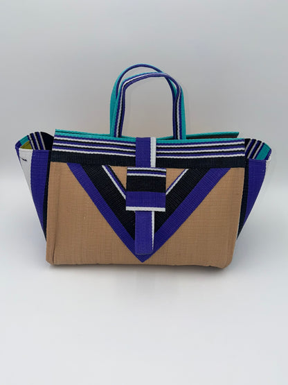 Beige Large handwoven tote bag by SCRUBIES in Beige,Purple,Black,White,Teal with Solid design and Vee accent pattern