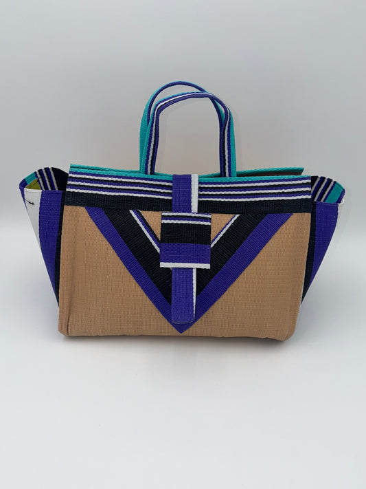 Beige Large handwoven tote bag by SCRUBIES in Beige,Purple,Black,White,Teal with Solid design and Vee accent pattern
