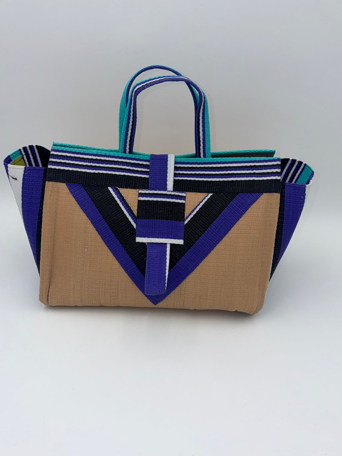 Beige Large handwoven tote bag by SCRUBIES in Beige,Purple,Black,White,Teal with Solid design and Vee accent pattern
