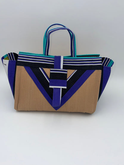 Beige Large handwoven tote bag by SCRUBIES in Beige,Purple,Black,White,Teal with Solid design and Vee accent pattern