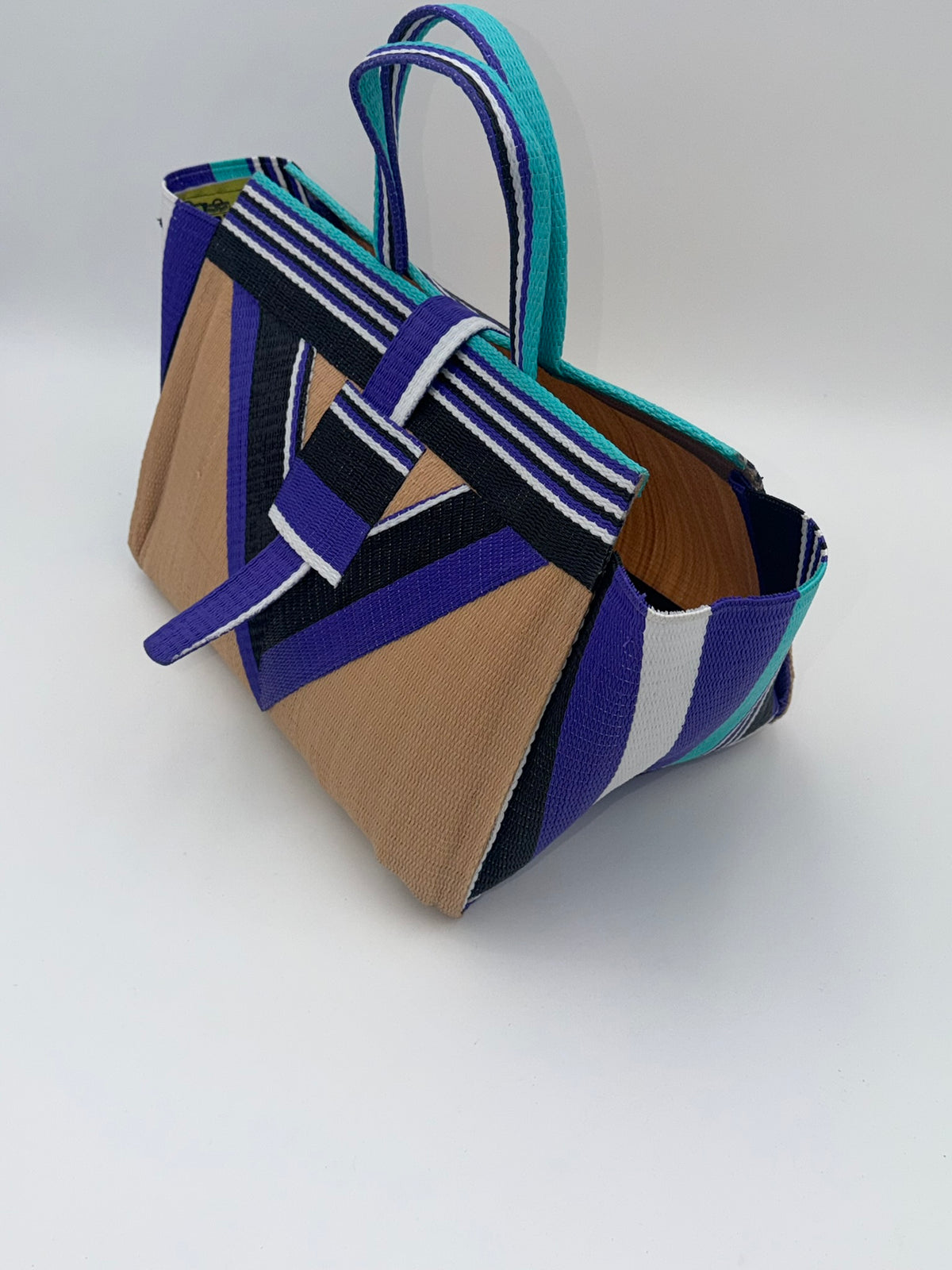Beige Large handwoven tote bag by SCRUBIES in Beige,Purple,Black,White,Teal with Solid design and Vee accent pattern