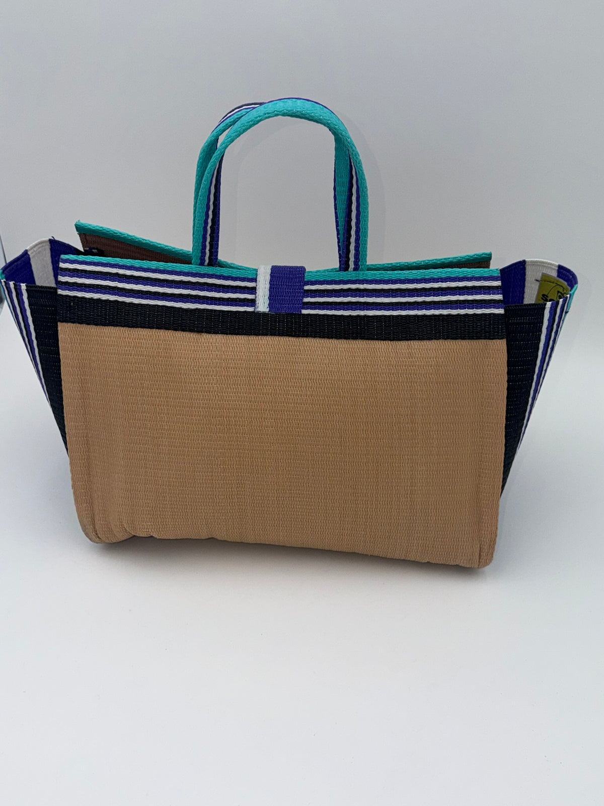 Beige Large handwoven tote bag by SCRUBIES in Beige,Purple,Black,White,Teal with Solid design and Vee accent pattern