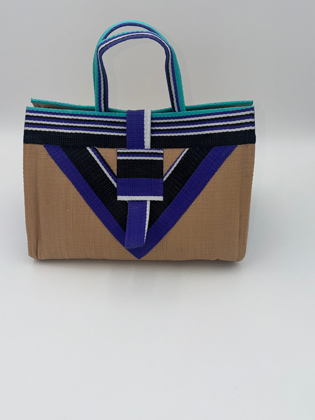 Beige Large handwoven tote bag by SCRUBIES in Beige,Purple,Black,White,Teal with Solid design and Vee accent pattern
