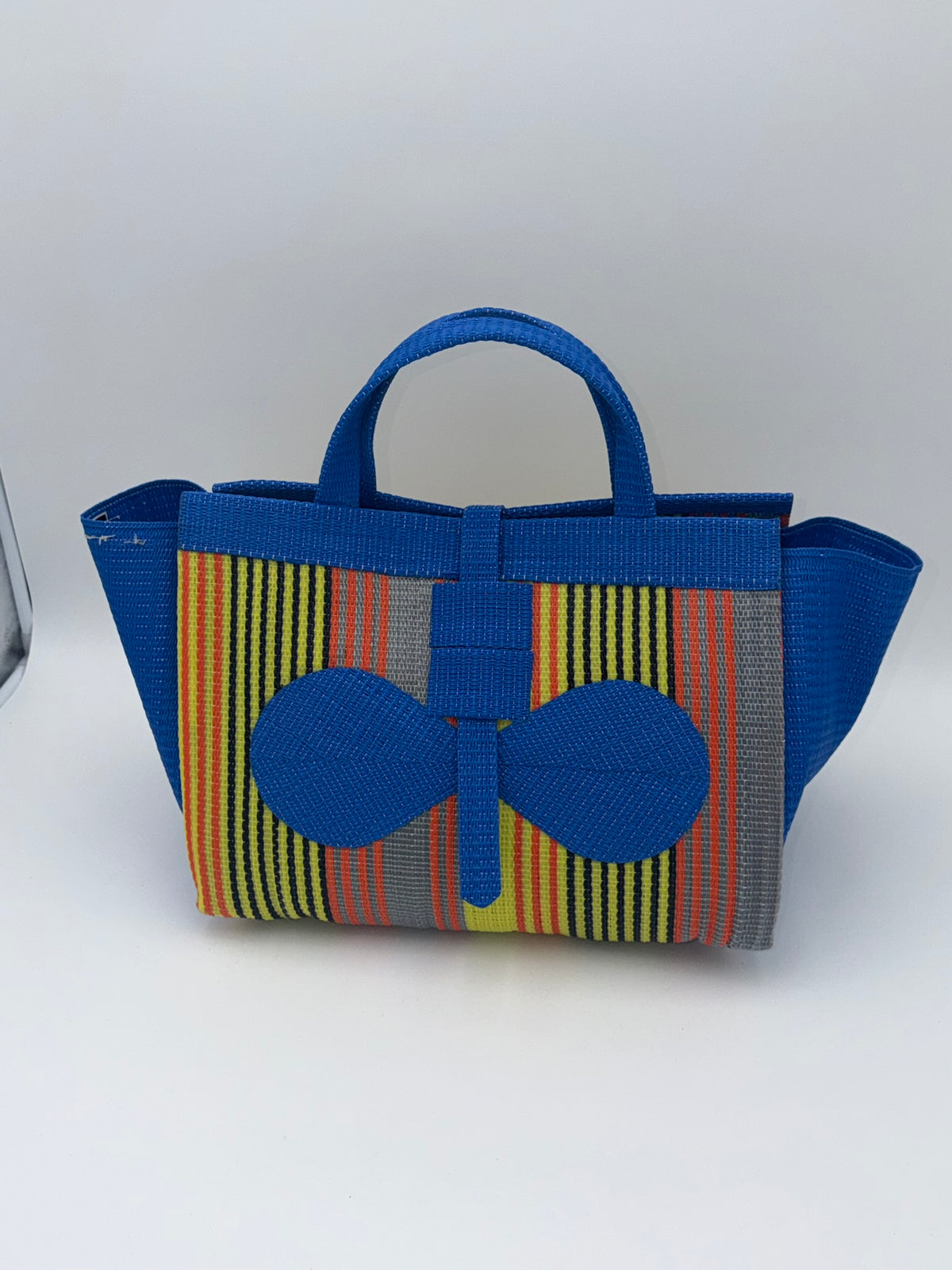 Citrus Large handwoven tote bag by SCRUBIES in Blue,Orange,Yellow with Stripes design and Bow accent pattern