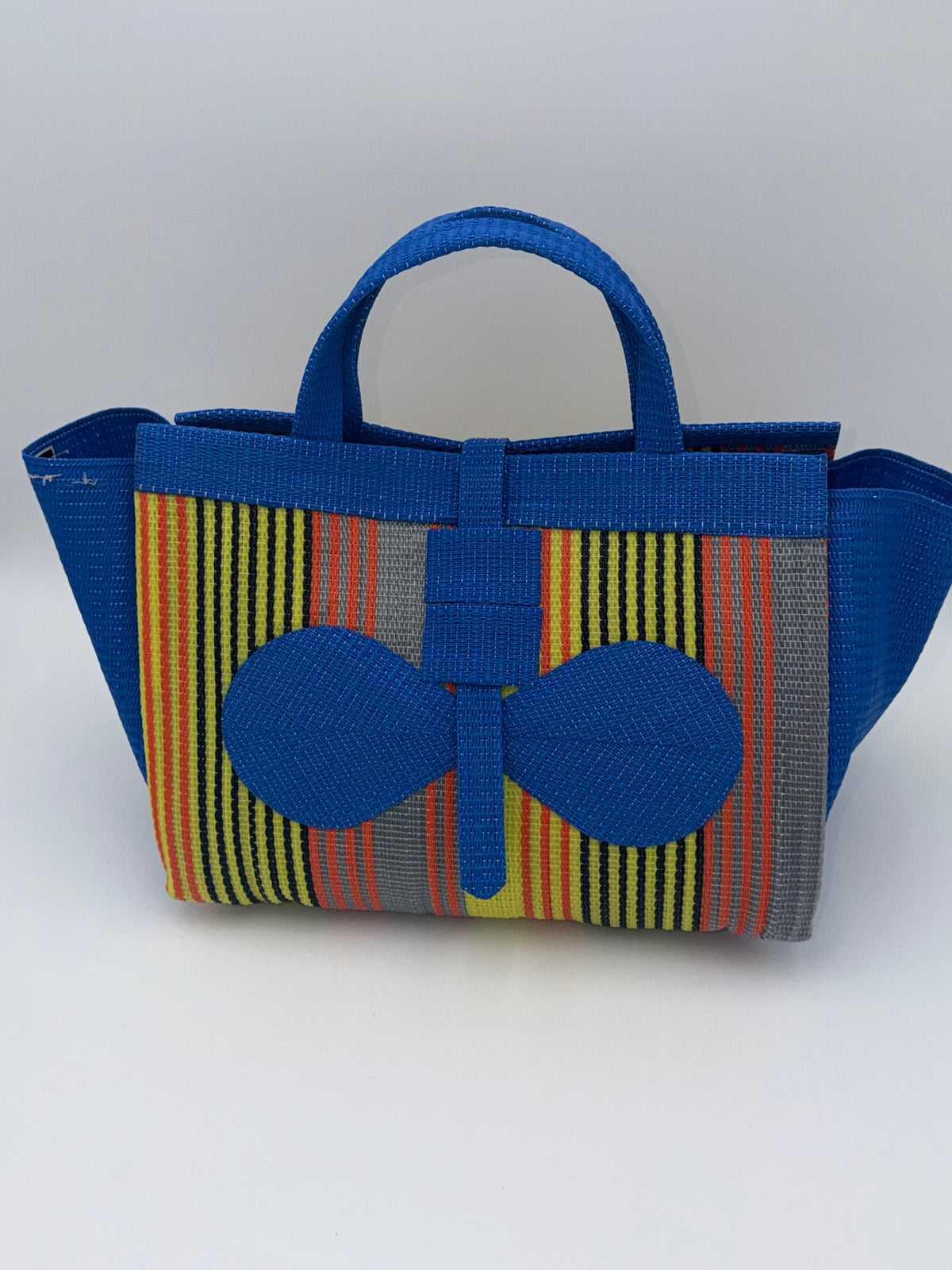Citrus Large handwoven tote bag by SCRUBIES in Blue,Orange,Yellow with Stripes design and Bow accent pattern