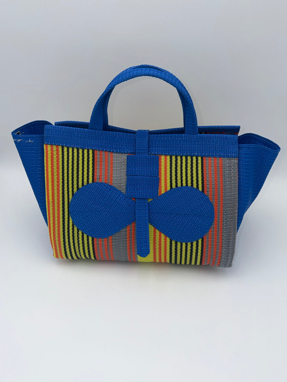 Citrus Large handwoven tote bag by SCRUBIES in Blue,Orange,Yellow with Stripes design and Bow accent pattern