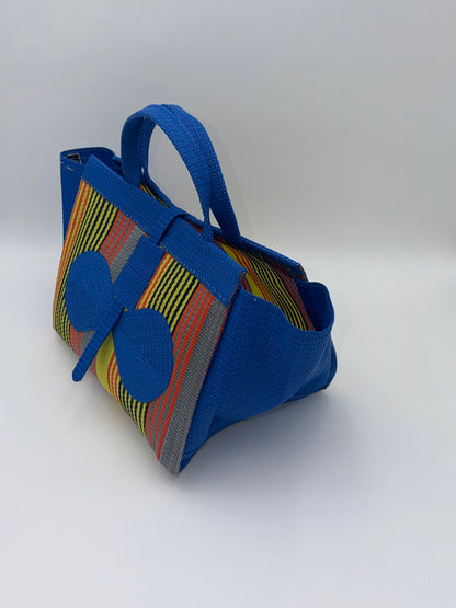Citrus Large handwoven tote bag by SCRUBIES in Blue,Orange,Yellow with Stripes design and Bow accent pattern