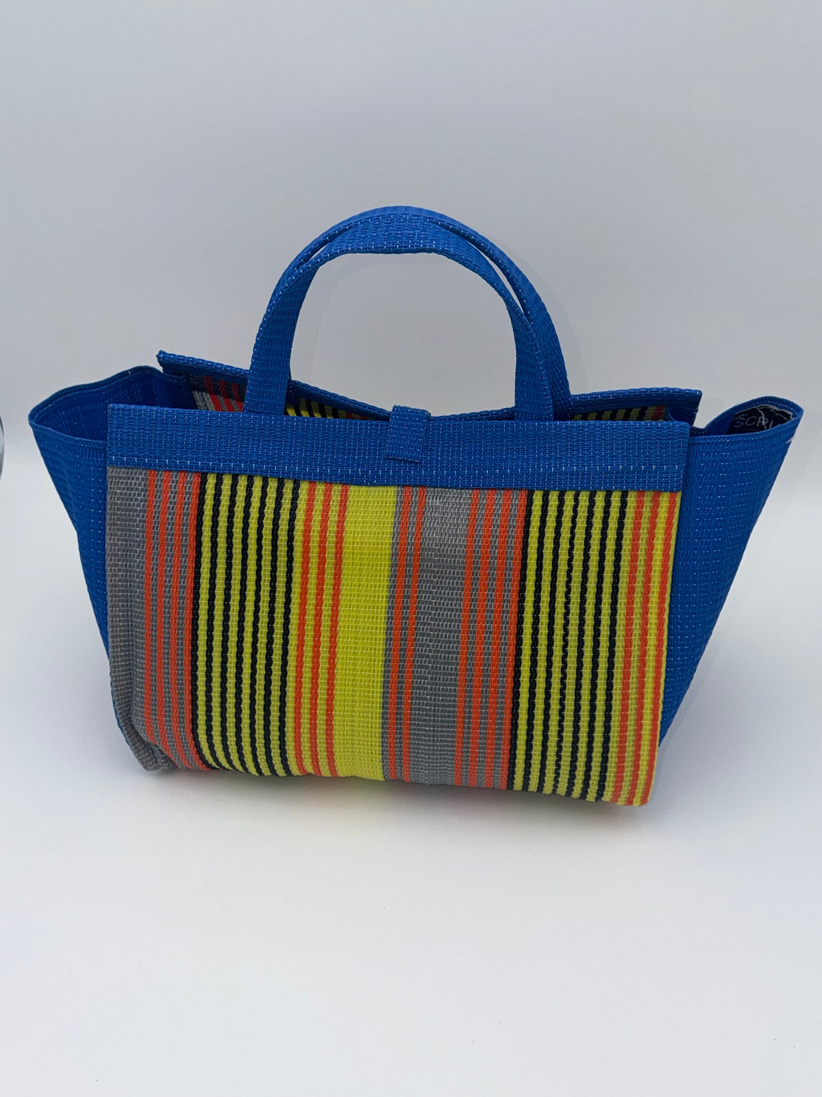 Citrus Large handwoven tote bag by SCRUBIES in Blue,Orange,Yellow with Stripes design and Bow accent pattern