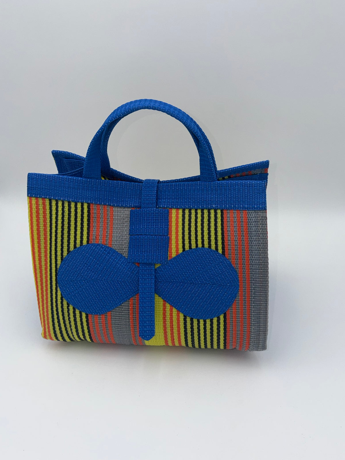 Citrus Large handwoven tote bag by SCRUBIES in Blue,Orange,Yellow with Stripes design and Bow accent pattern