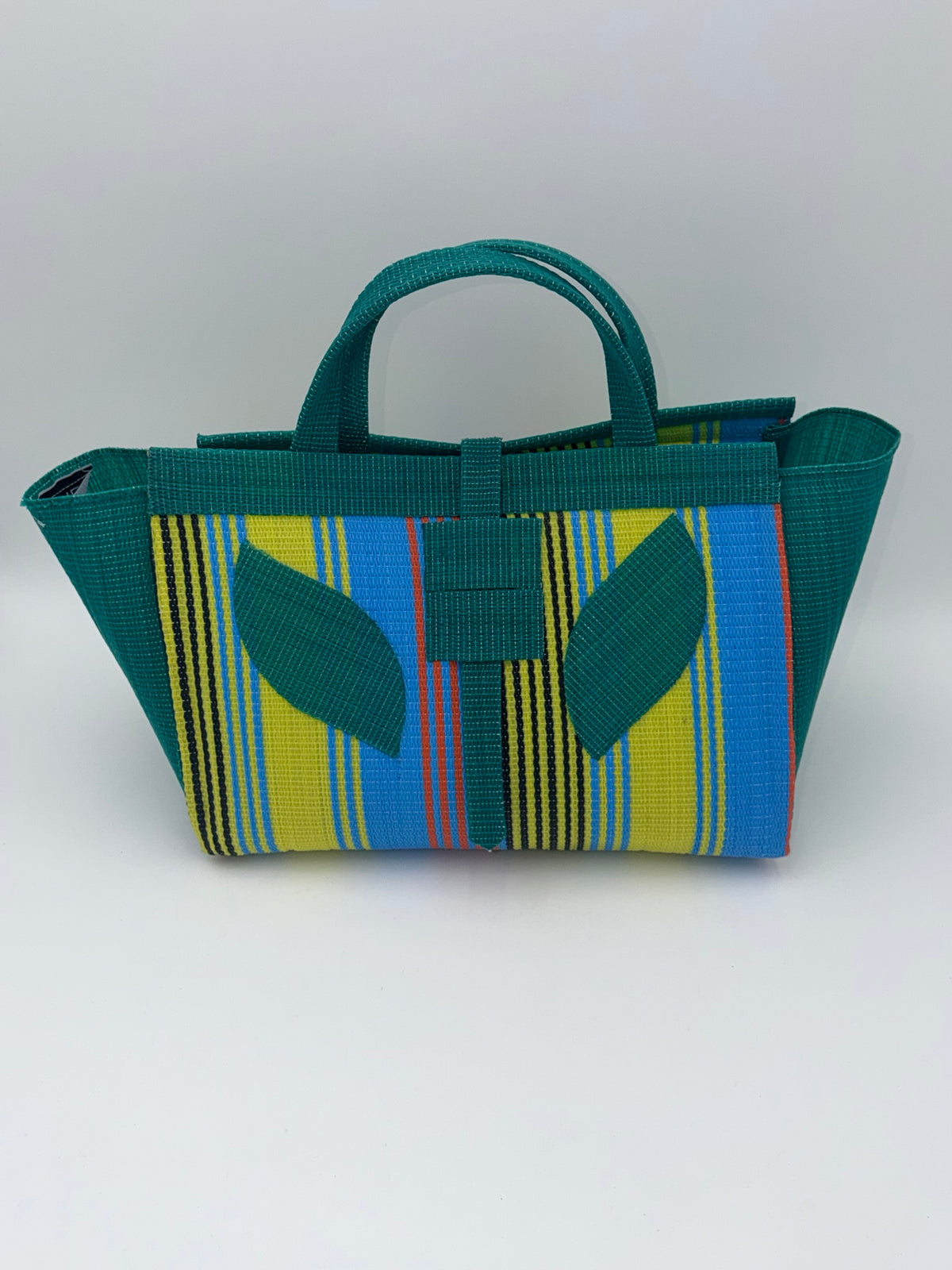 Citrus Large handwoven tote bag by SCRUBIES in Green,Yellow,Blue with Stripes design and Leaf accent pattern