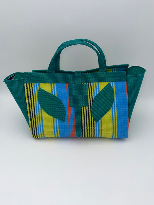 Citrus Large handwoven tote bag by SCRUBIES in Green,Yellow,Blue with Stripes design and Leaf accent pattern