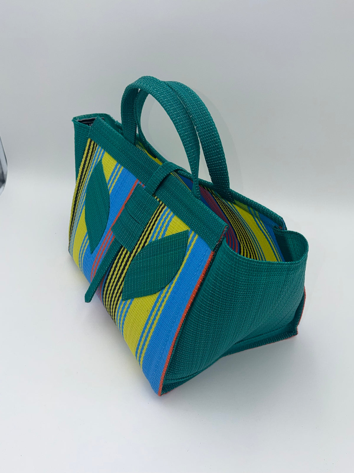 Citrus Large handwoven tote bag by SCRUBIES in Green,Yellow,Blue with Stripes design and Leaf accent pattern