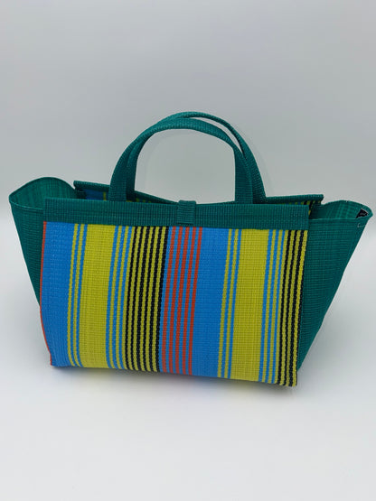 Citrus Large handwoven tote bag by SCRUBIES in Green,Yellow,Blue with Stripes design and Leaf accent pattern