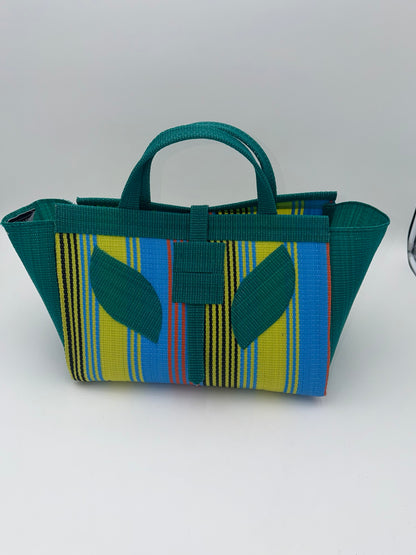 Citrus Large handwoven tote bag by SCRUBIES in Green,Yellow,Blue with Stripes design and Leaf accent pattern