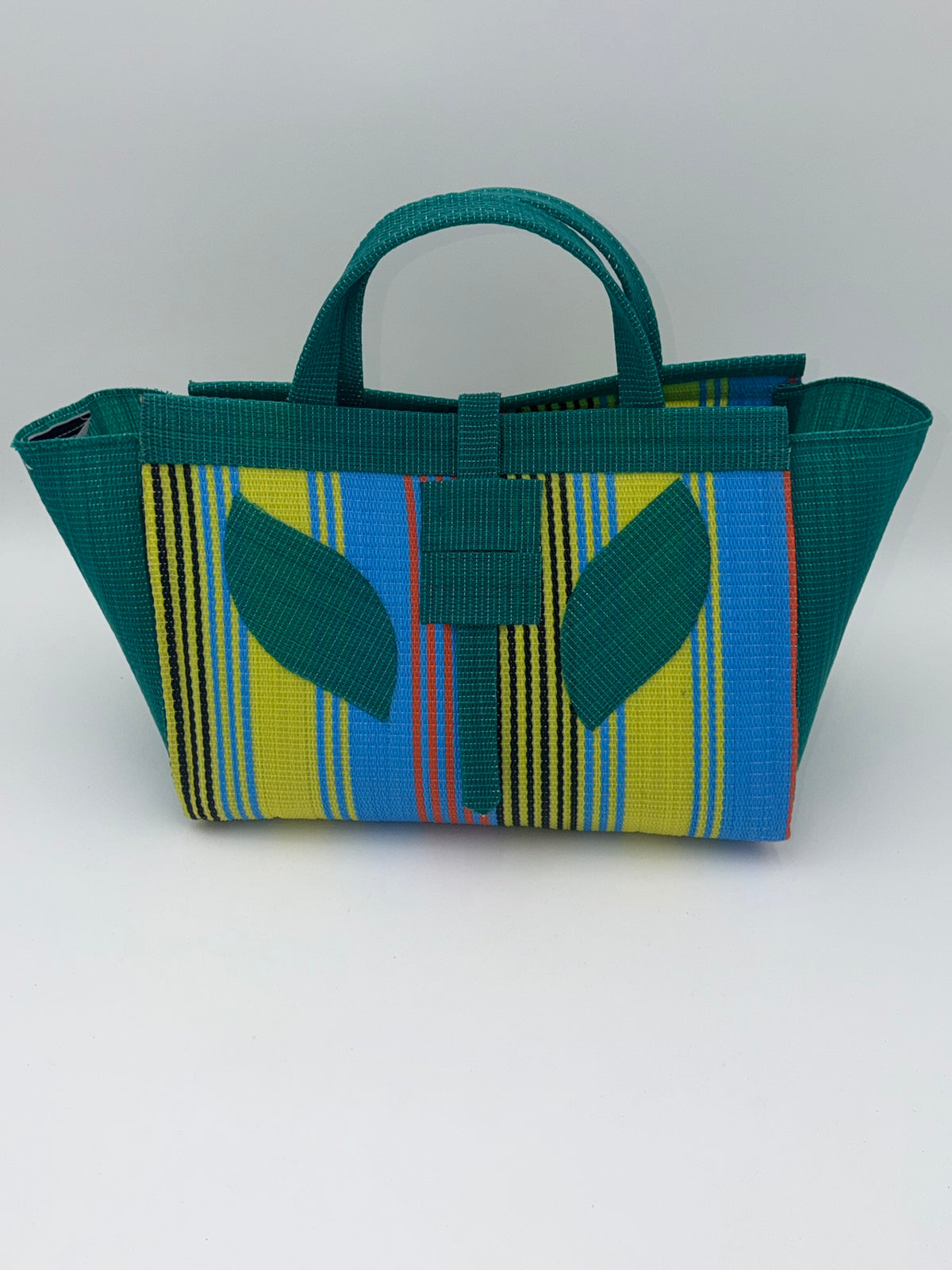 Citrus Large handwoven tote bag by SCRUBIES in Green,Yellow,Blue with Stripes design and Leaf accent pattern