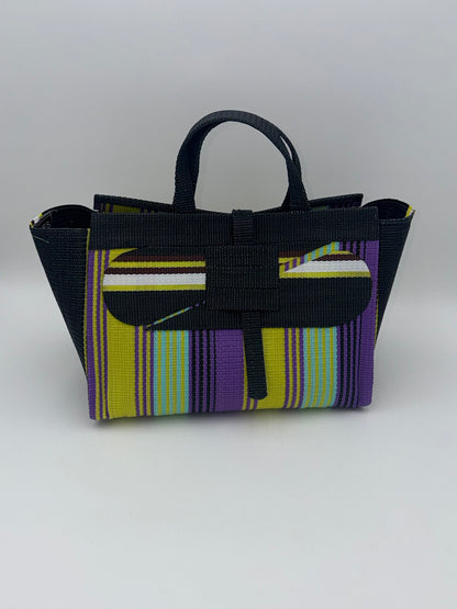 Lavender Large handwoven tote bag by SCRUBIES in Black,Yellow,Purple,White with Stripes design and Abstract accent pattern