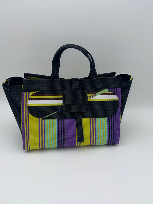 Lavender Large handwoven tote bag by SCRUBIES in Black,Yellow,Purple,White with Stripes design and Abstract accent pattern