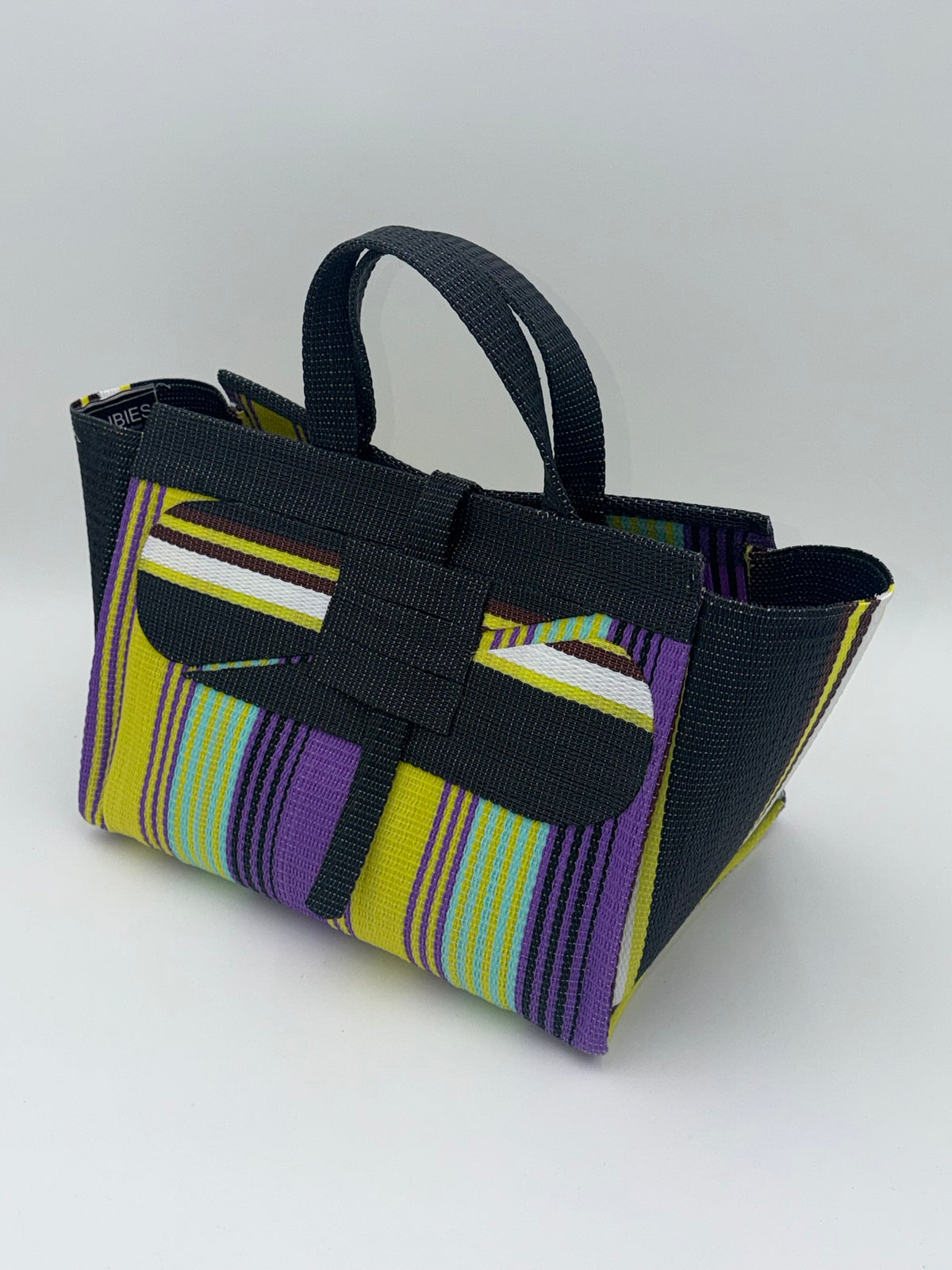 Lavender Large handwoven tote bag by SCRUBIES in Black,Yellow,Purple,White with Stripes design and Abstract accent pattern