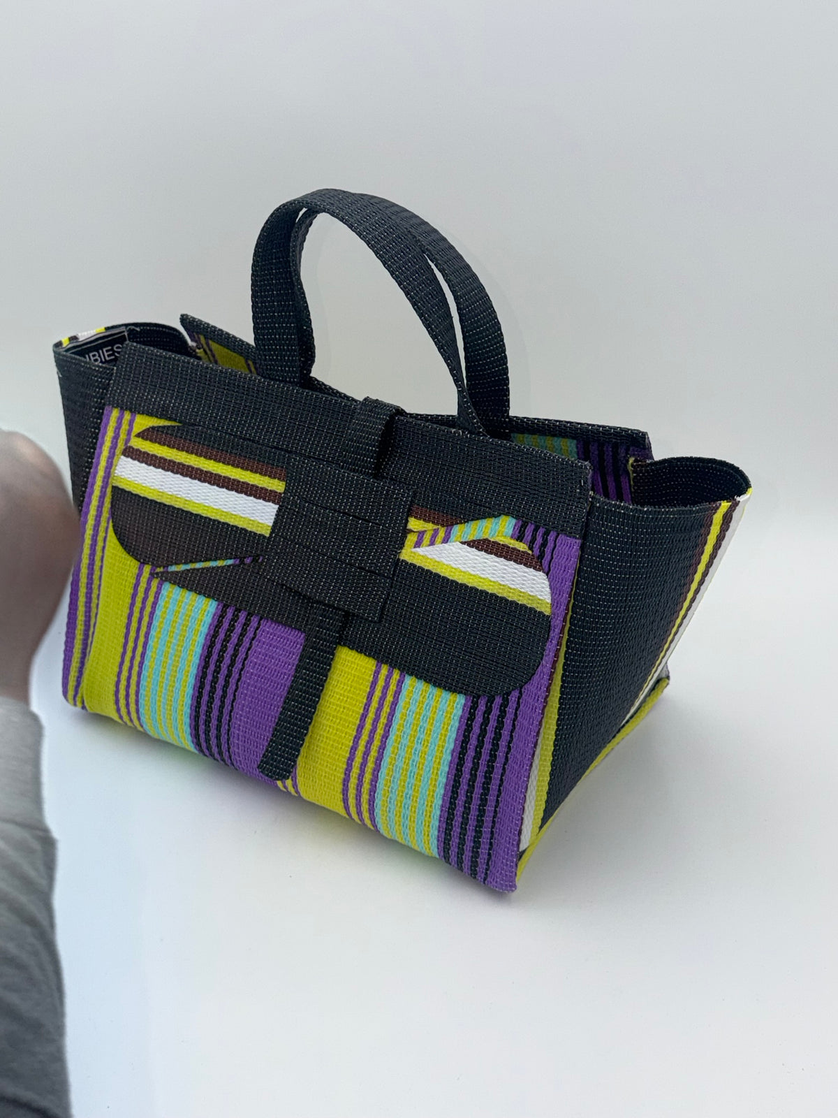 Lavender Large handwoven tote bag by SCRUBIES in Black,Yellow,Purple,White with Stripes design and Abstract accent pattern