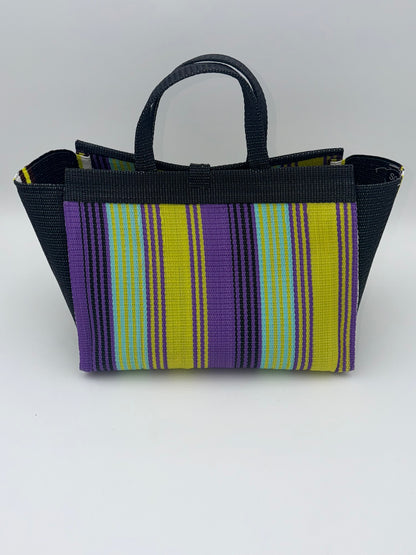 Lavender Large handwoven tote bag by SCRUBIES in Black,Yellow,Purple,White with Stripes design and Abstract accent pattern