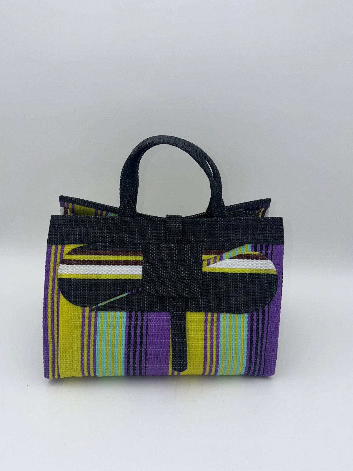 Lavender Large handwoven tote bag by SCRUBIES in Black,Yellow,Purple,White with Stripes design and Abstract accent pattern