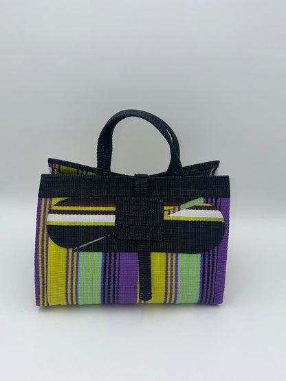 Lavender Large handwoven tote bag by SCRUBIES in Black,Yellow,Purple,White with Stripes design and Abstract accent pattern