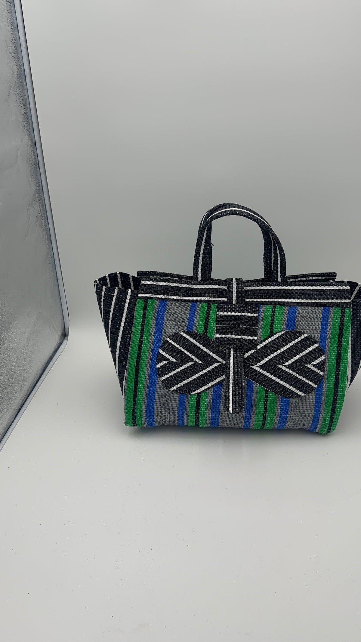 Lavender Large handwoven tote bag by SCRUBIES in Black,Yellow,Purple,White with Stripes design and Abstract accent pattern