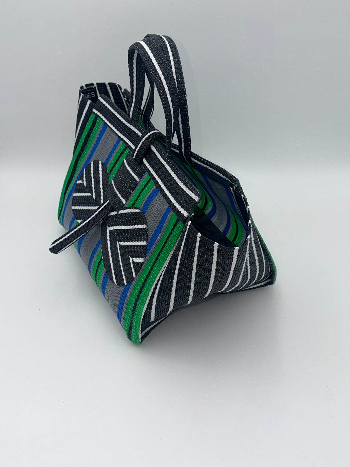 Lavender Large handwoven tote bag by SCRUBIES in Black,Yellow,Purple,White with Stripes design and Abstract accent pattern