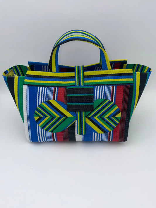 Regal Large handwoven tote bag by SCRUBIES in Blue,White,Yellow,Red,Black with Stripes design and Bow accent pattern
