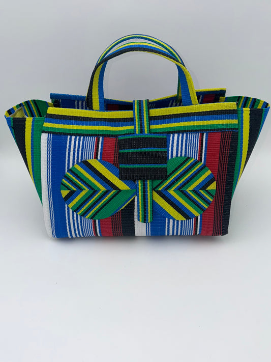 Regal Large handwoven tote bag by SCRUBIES in Blue,White,Yellow,Red,Black with Stripes design and Bow accent pattern
