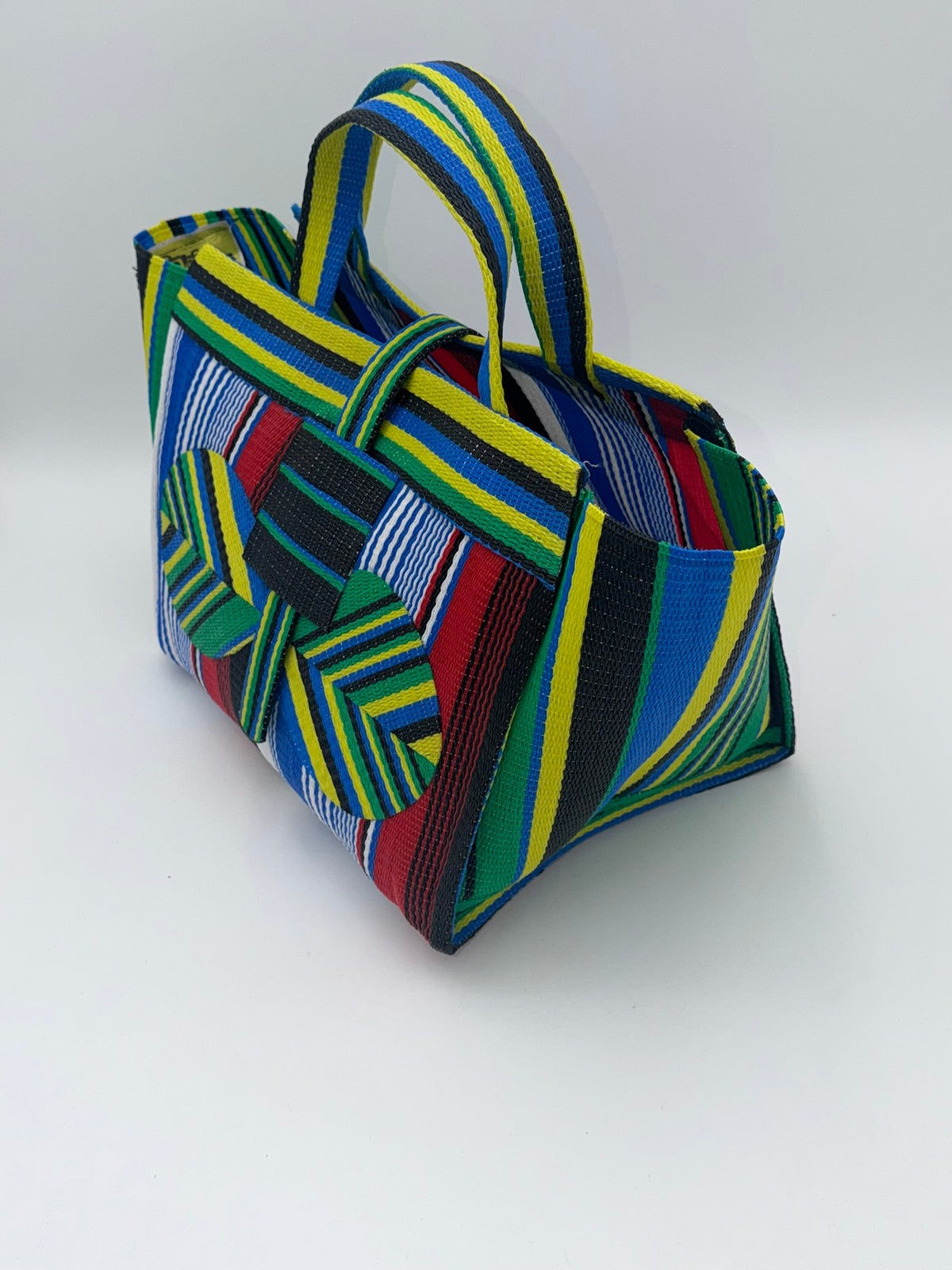 Regal Large handwoven tote bag by SCRUBIES in Blue,White,Yellow,Red,Black with Stripes design and Bow accent pattern