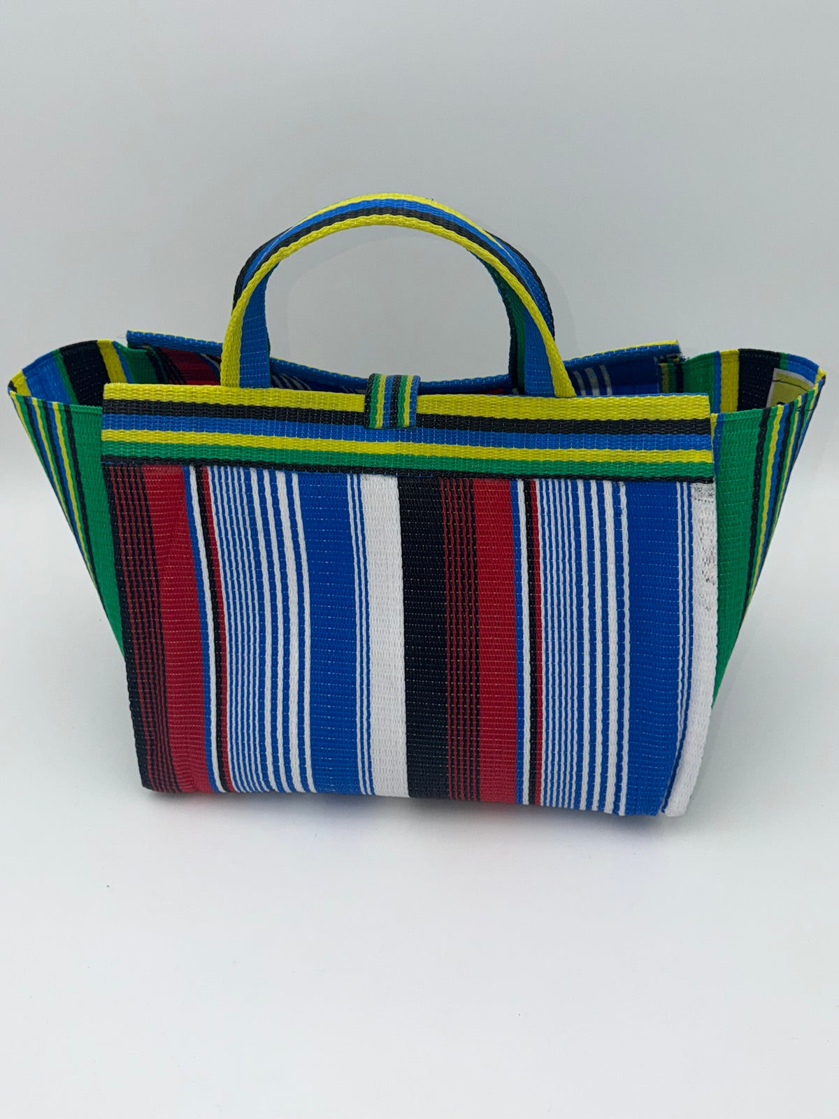 Regal Large handwoven tote bag by SCRUBIES in Blue,White,Yellow,Red,Black with Stripes design and Bow accent pattern