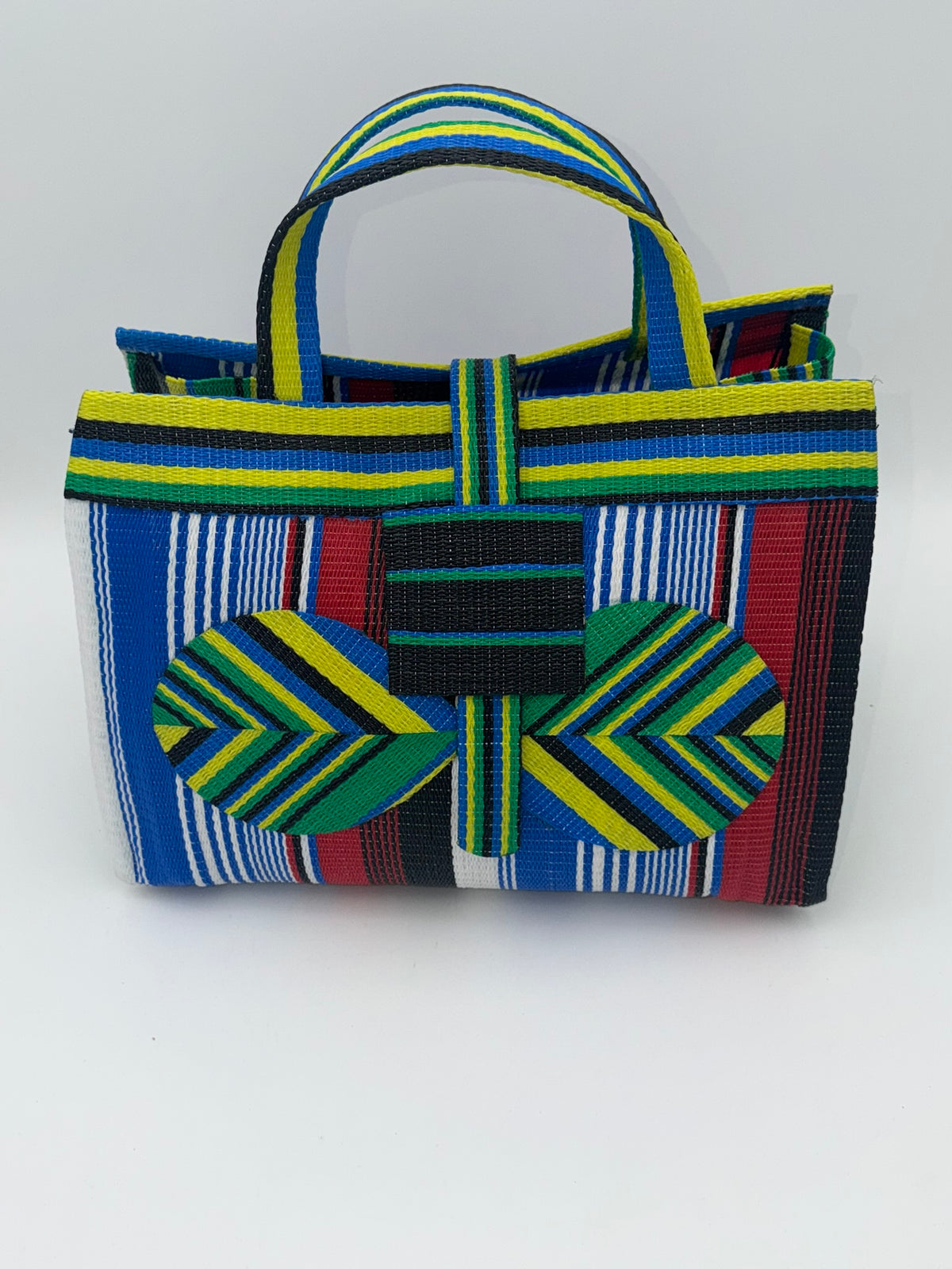 Regal Large handwoven tote bag by SCRUBIES in Blue,White,Yellow,Red,Black with Stripes design and Bow accent pattern