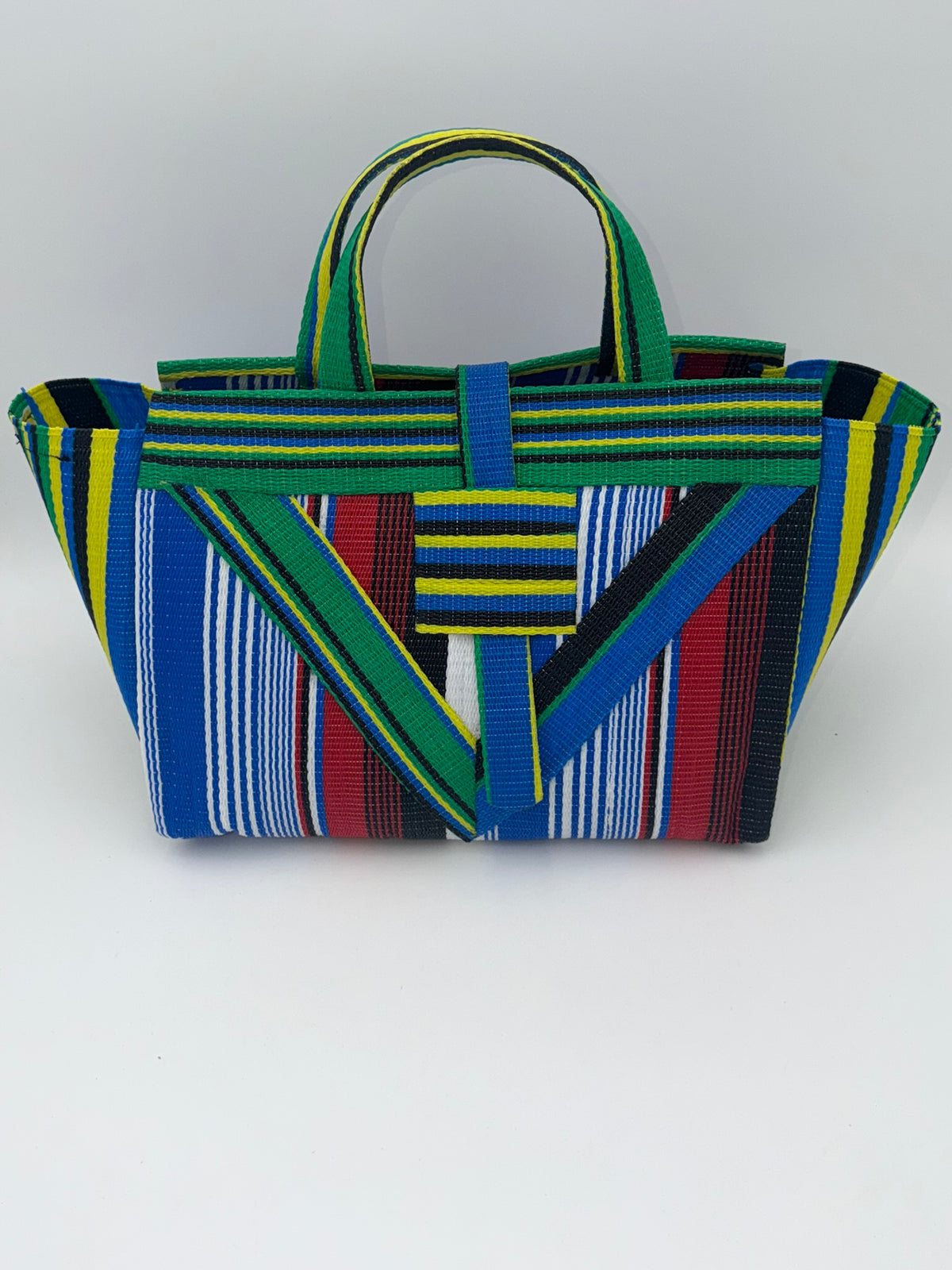 Regal Large handwoven tote bag by SCRUBIES in Blue,White,Green,Red,Black with Stripes design and Vee accent pattern