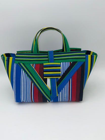 Regal Large handwoven tote bag by SCRUBIES in Blue,White,Green,Red,Black with Stripes design and Vee accent pattern