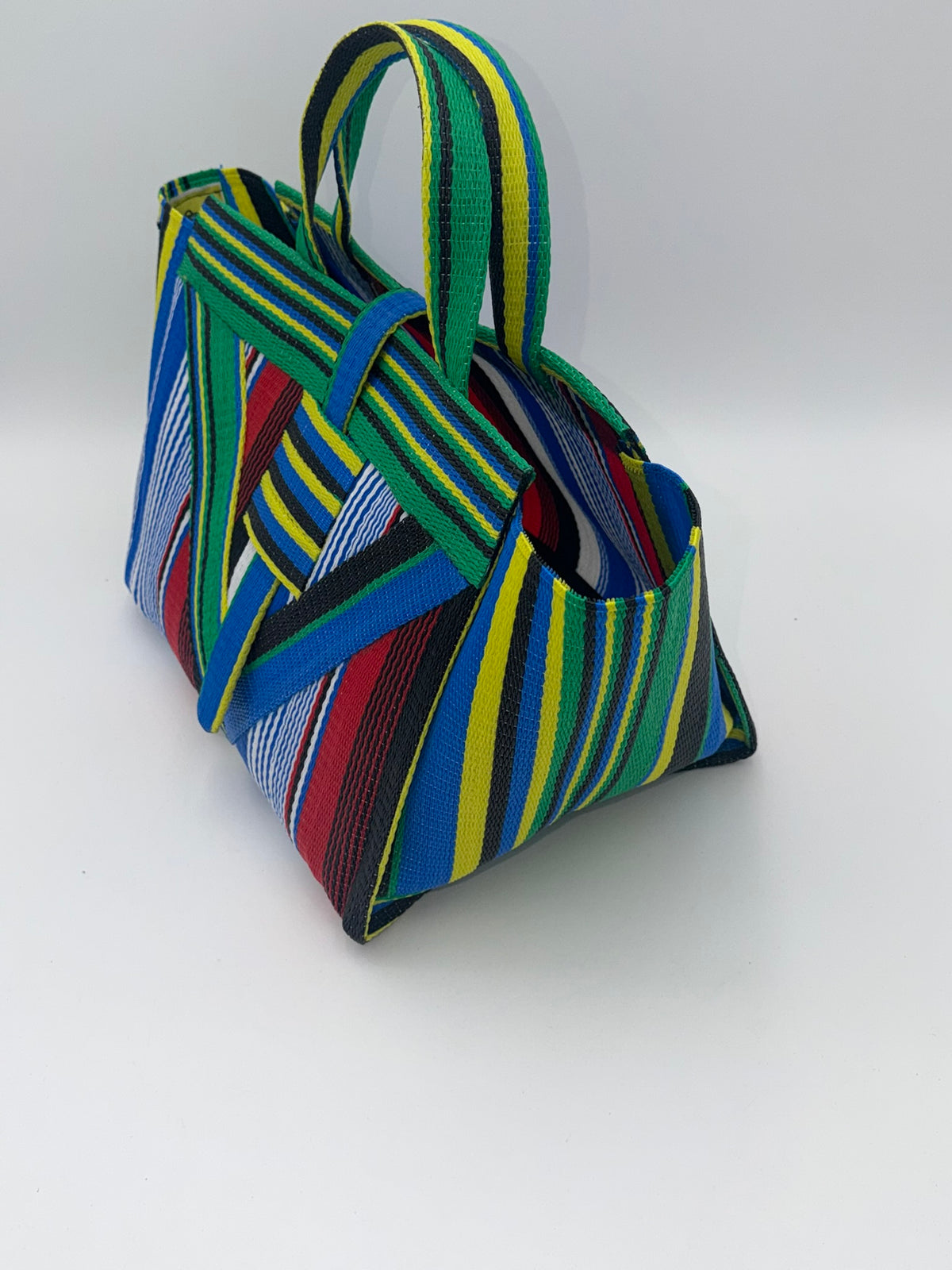 Regal Large handwoven tote bag by SCRUBIES in Blue,White,Green,Red,Black with Stripes design and Vee accent pattern
