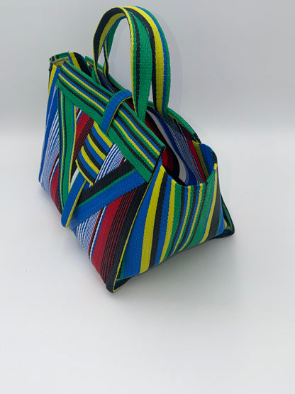 Regal Large handwoven tote bag by SCRUBIES in Blue,White,Green,Red,Black with Stripes design and Vee accent pattern