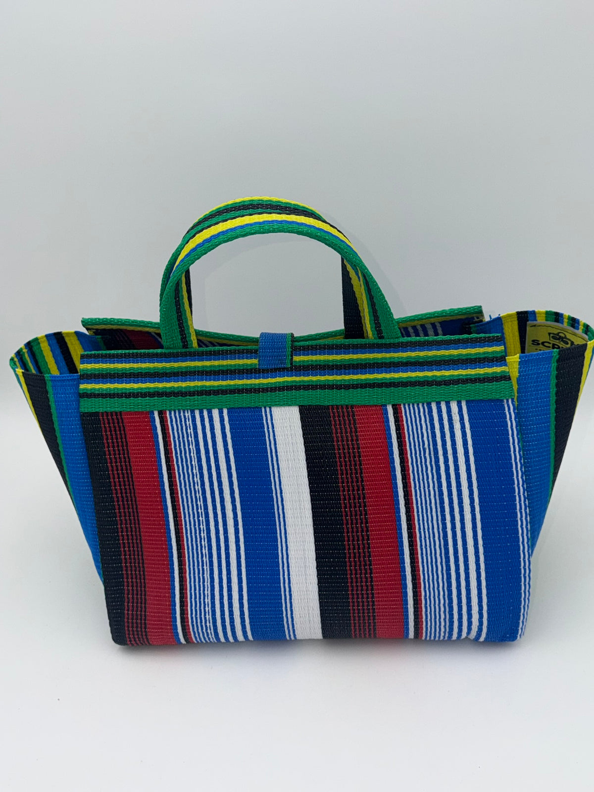 Regal Large handwoven tote bag by SCRUBIES in Blue,White,Green,Red,Black with Stripes design and Vee accent pattern