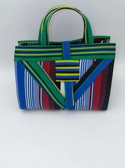 Regal Large handwoven tote bag by SCRUBIES in Blue,White,Green,Red,Black with Stripes design and Vee accent pattern