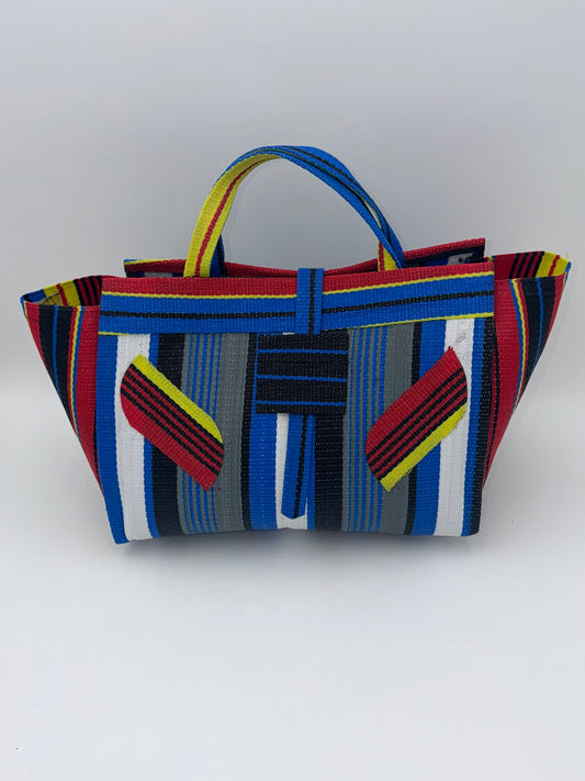 Regal Large handwoven tote bag by SCRUBIES in Blue,White,Grey,Red,Yellow with Stripes design and Leaf accent pattern