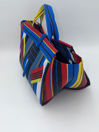 Regal Large handwoven tote bag by SCRUBIES in Blue,White,Grey,Red,Yellow with Stripes design and Leaf accent pattern
