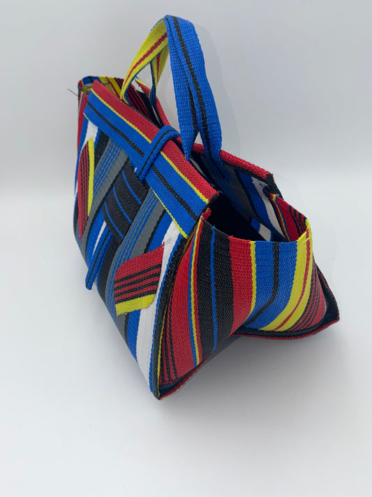 Regal Large handwoven tote bag by SCRUBIES in Blue,White,Grey,Red,Yellow with Stripes design and Leaf accent pattern