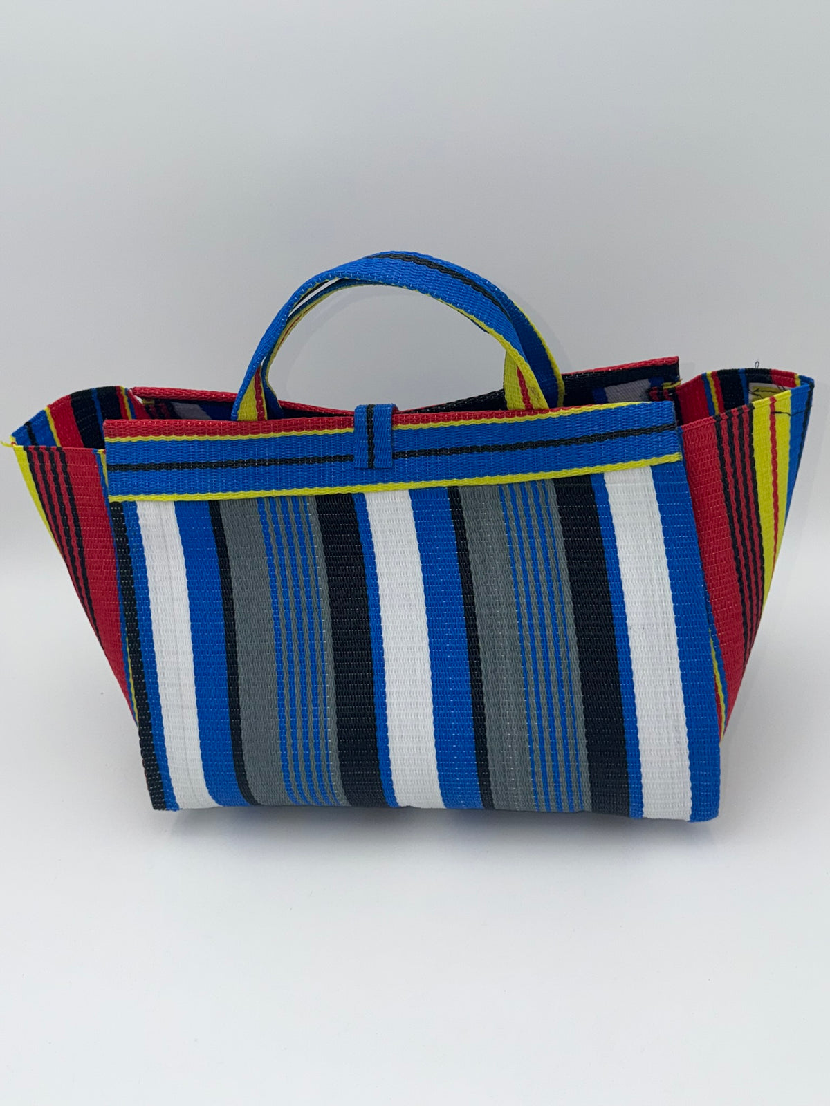 Regal Large handwoven tote bag by SCRUBIES in Blue,White,Grey,Red,Yellow with Stripes design and Leaf accent pattern