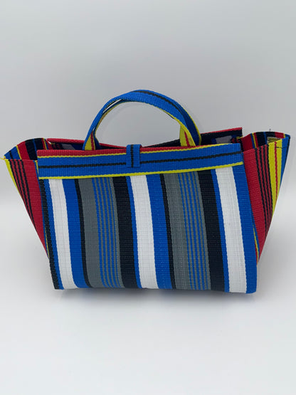 Regal Large handwoven tote bag by SCRUBIES in Blue,White,Grey,Red,Yellow with Stripes design and Leaf accent pattern