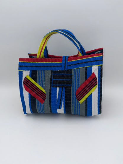 Regal Large handwoven tote bag by SCRUBIES in Blue,White,Grey,Red,Yellow with Stripes design and Leaf accent pattern