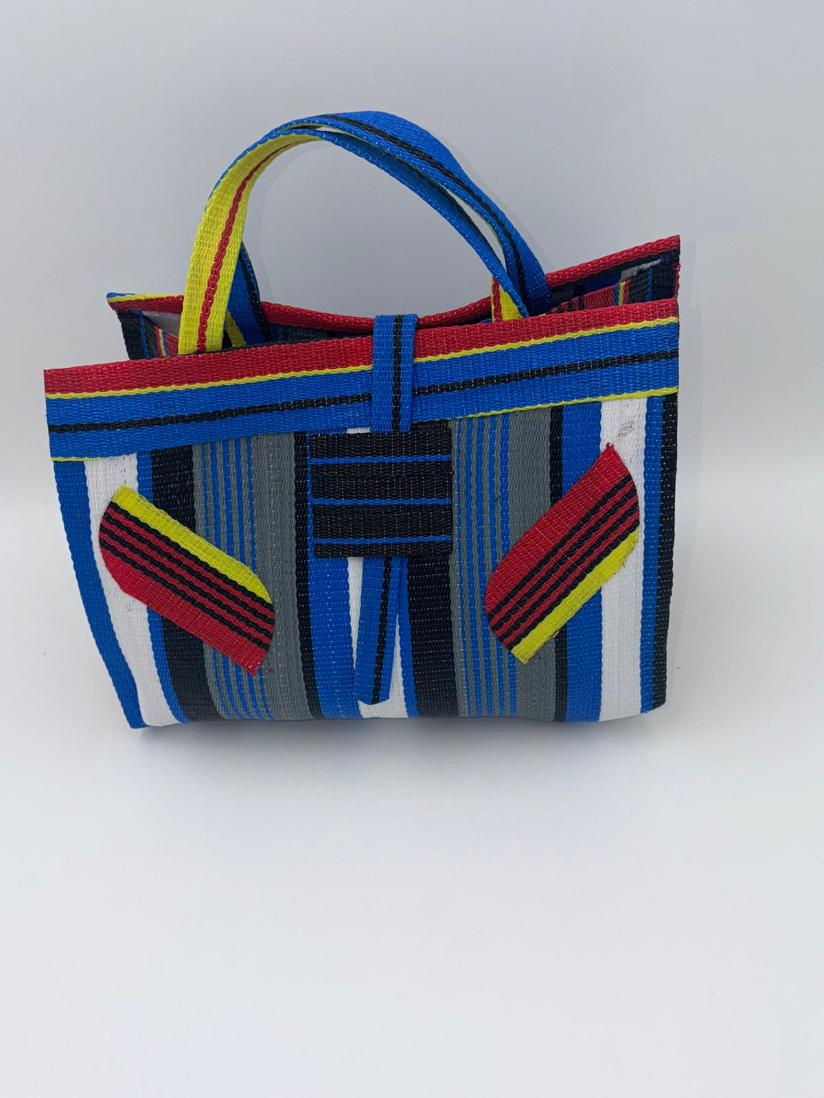 Regal Large handwoven tote bag by SCRUBIES in Blue,White,Grey,Red,Yellow with Stripes design and Leaf accent pattern