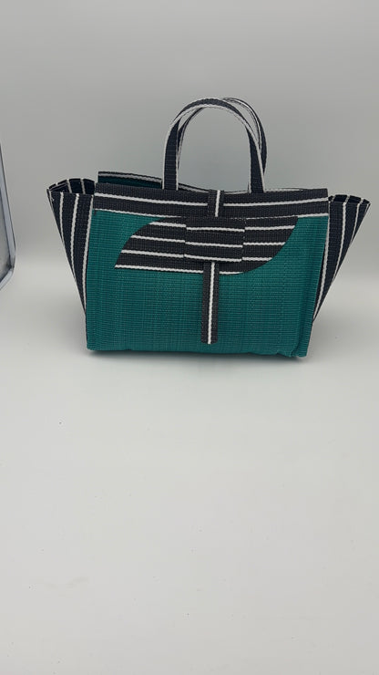 Emerald Large handwoven tote bag by SCRUBIES in Green,Black,White with Solid design and Almond accent pattern