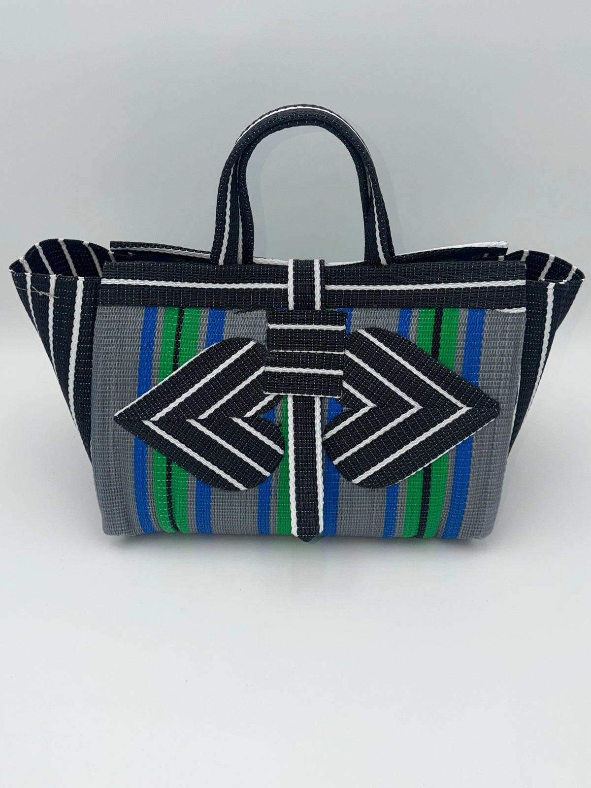Panda Large handwoven tote bag by SCRUBIES in Grey,Green,Black,White,Green with Stripes design and Love accent pattern