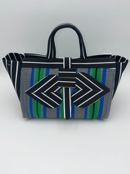 Panda Large handwoven tote bag by SCRUBIES in Grey,Green,Black,White,Green with Stripes design and Love accent pattern